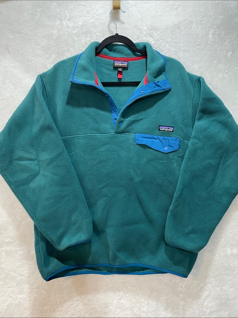 Patagonia Synchilla Men’s M Snap Fleece Pullover Green with Blue Trim